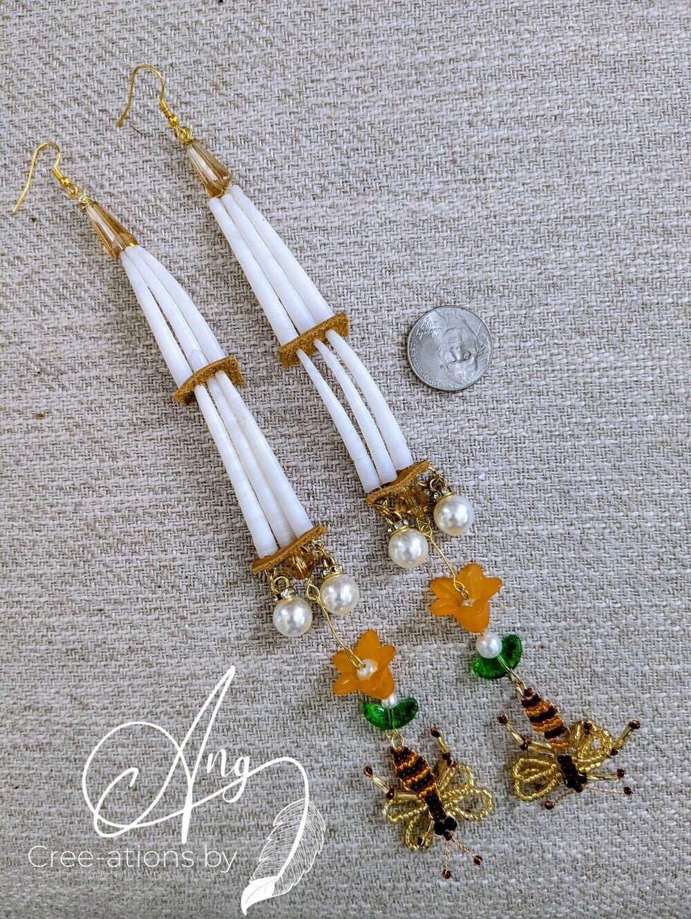 Indigenous 2 Tiered Dentalium Shell Earrings With Beaded Bees